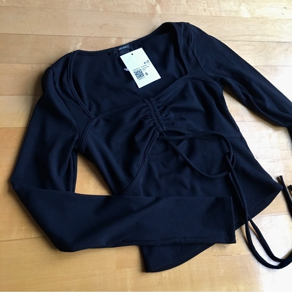 Forever 21 Knit, Ruched Bust, Cutout Crop Top, Black, Size S
